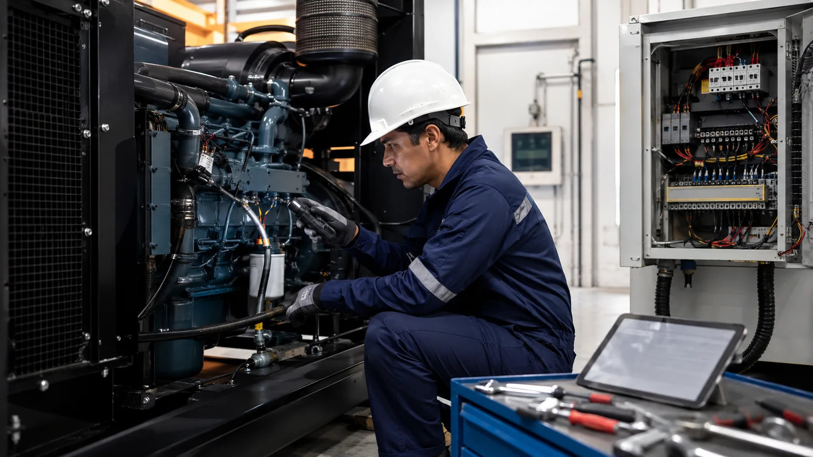 Técnico realizando mantenimiento preventivo a una planta eléctrica