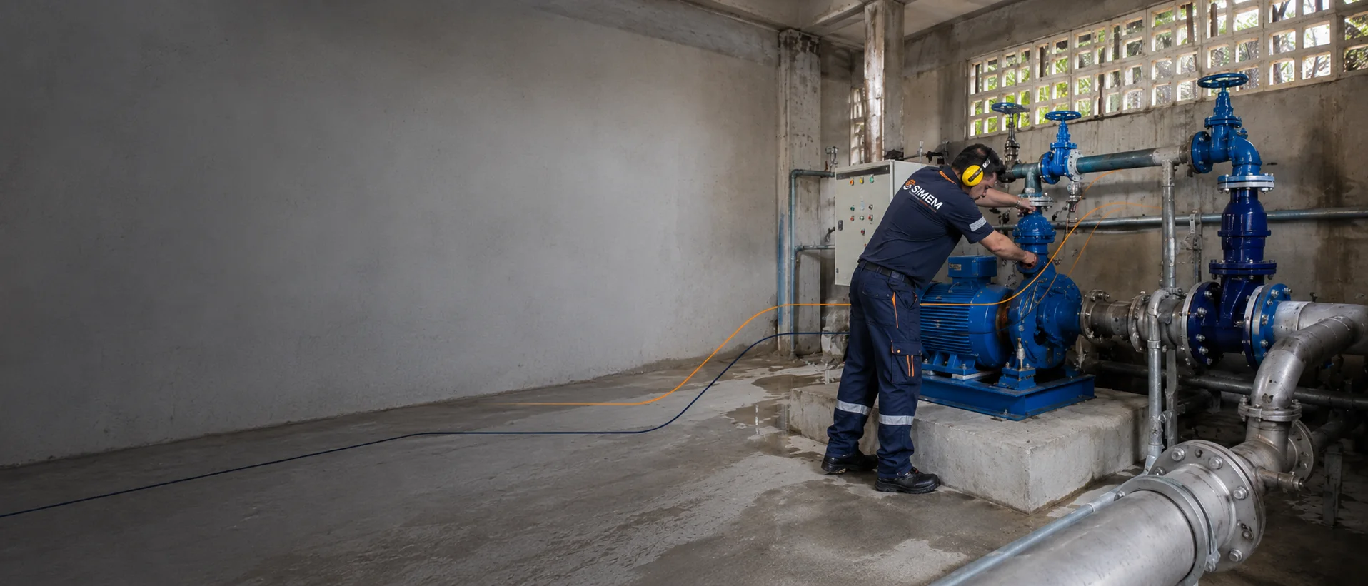Técnico de SIMEM revisando un sistema de motobombas